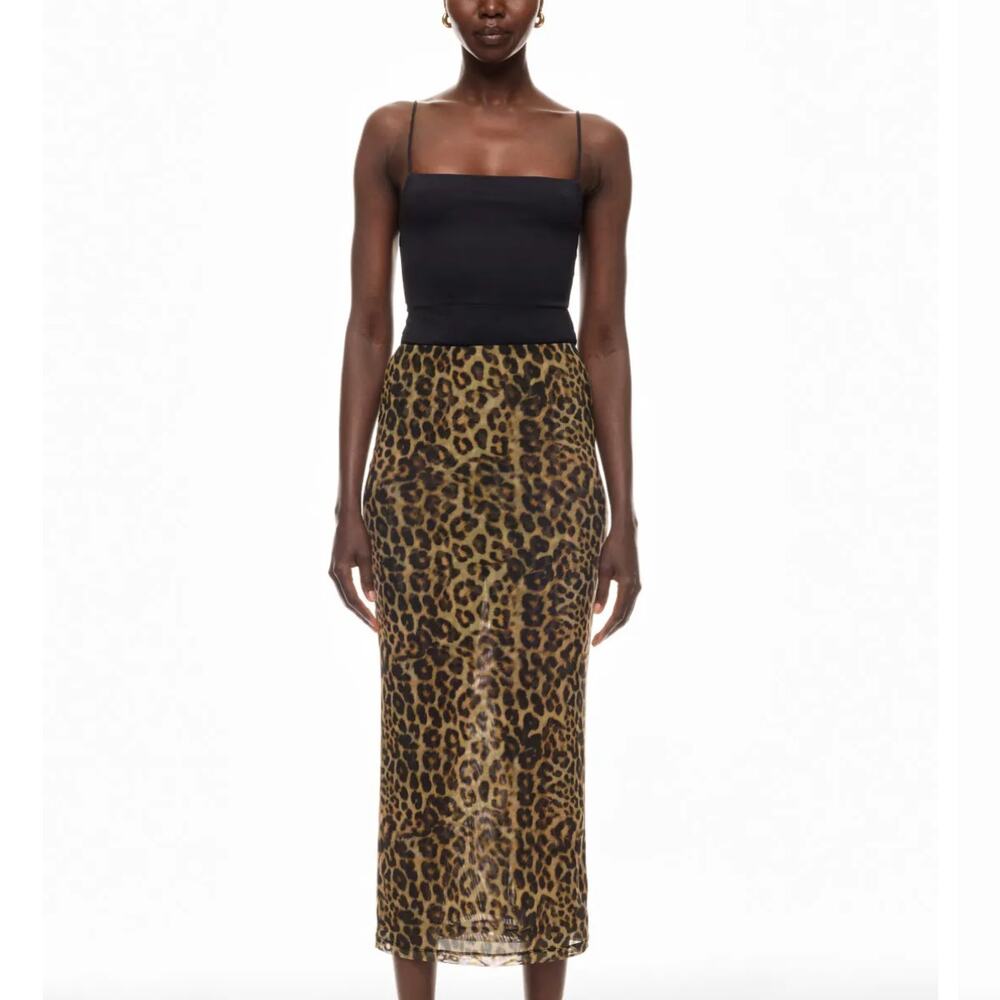 Ronny Kobo Leopard Mesh Midi Skirt XL Animal Print Pencil Brown Designer $255